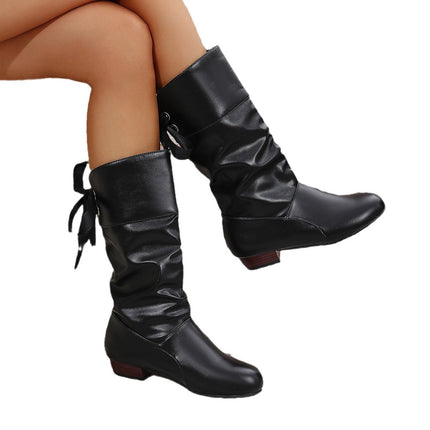 2024 autumn and winter extra large size student knight boots cross-border supply low heel round head back lace warm boots women