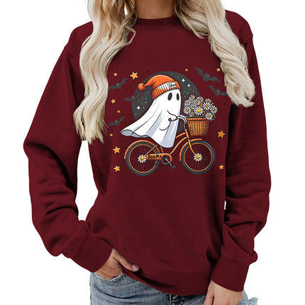 Amazon Source Ghost Riding a Bicycle Halloween Print Round Neck Women's Sweatshirt Casual Loose Fit