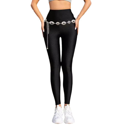 Europe and the United States hot sale high waist hip solid color leggings waist chain decoration fashion outer wear tight pants high stretch women's pants
