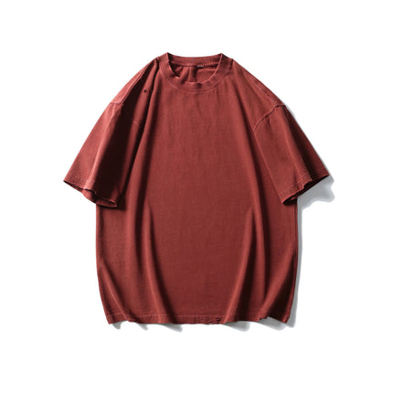 Black Fleet Distressed Short-Sleeve T-Shirt, Pure Cotton, Washed, Versatile for Everyday Wear, Crew Neck, Drop Shoulder, Half-Sleeve Top Mgd202