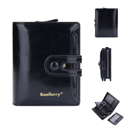 Baellerry New K-Style Cross-Border Oil Wax Leather Multi-Card Slot Buckle Wallet Zipper Women's Short Coin Purse