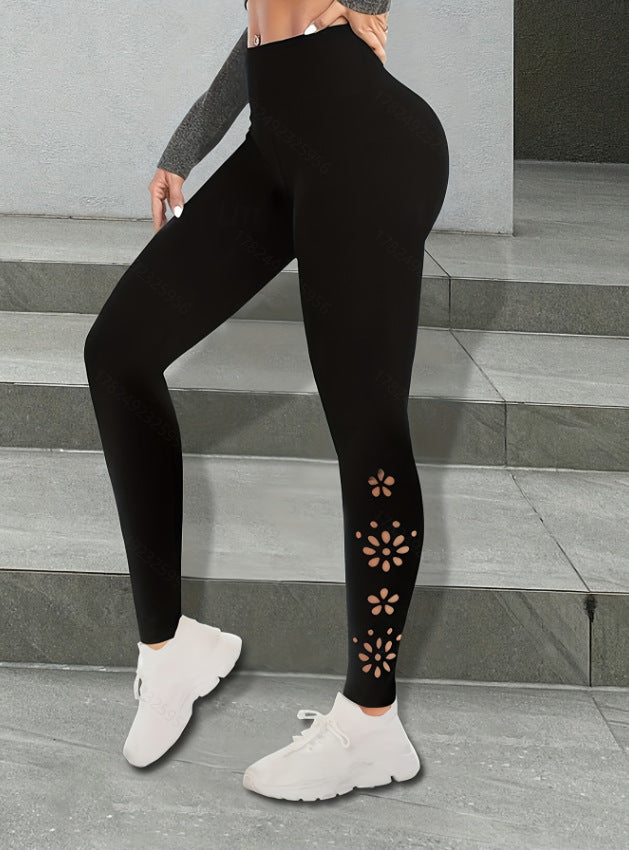 Cross-Border New Women's High-Waisted Casual Street Hollow Fitness Yoga Simple Breathable Design Leggings