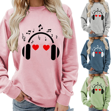 Music Headphones Love Printed Round Neck Women's Top Sweatshirt Foreign Trade Supply Autumn and Winter Coat Casual Loose European Size