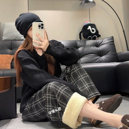 [Add fertilizer to increase] winter fleece-lined thick lambswool plat pants women's high waist warm casual pants