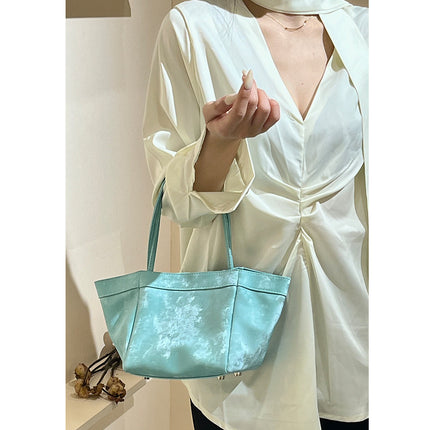 New Chinese Style National Style Vegetable Basket Bag Satin Genuine Leather Small Square Bag Large Capacity Niche Portable Bucket Bag Shoulder Crossbody Bag