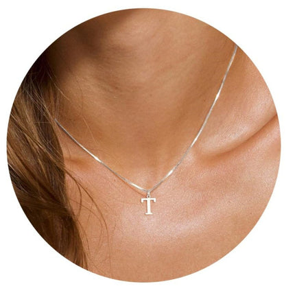 Cross-border Amazon Hot Sale Simple Stainless Steel Letter Pendant Necklace Women Alloy Box Chain 26 Letter Clavicle Chain