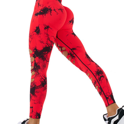 European and American Tie-Dye Hole Yoga Pants Sexy Hip Hollow Sports Tight Pants Women's High Waist Peach Hip Yoga Pants