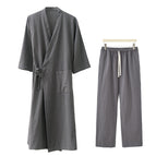 Gray (cotton and linen half-breasted bathrobe + pants) / M