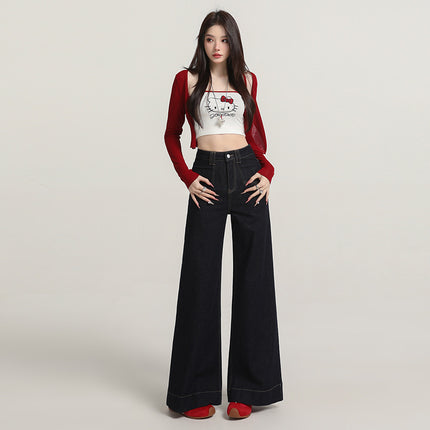 Early Autumn New Stylish Versatile Wide-Leg Jeans for Women with Unique Design Pockets, High Waist, Tummy Control, Slimming Flare Pants
