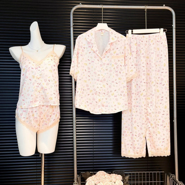 Small Floral Print Women's Short Top, Shorts, Short-Sleeve Long Pants Four-Piece Set, Spring and Summer Lace with Chest Pads, Sweet Ice Silk Loungewear