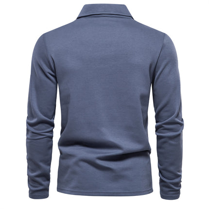 Trendy New Men's Long-Sleeve Versatile Solid Color Polo Shirt Casual Washed Polo Spring and Autumn Collared Cross-Border Grass Green
