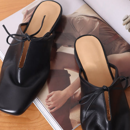 Handmade Shoes ~ Leather Muller Shoes Half Slippers Women's Outer Wear Low Heeled Square Bow One Pedal Lazy Shoes