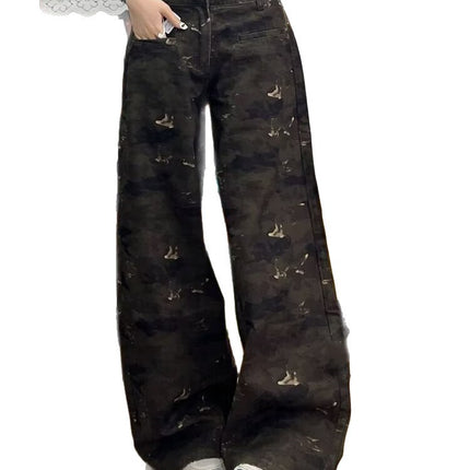 American High Street Retro Camouflage Wide-Leg Jeans for Women, Trendy High-Waisted Loose Slimming Petite Floor-Length Straight Pants