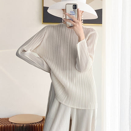 Miyake Basic Pleated Top Women's Long-sleeved Autumn New Pressed-Fold Texture High-end All-match T-shirt Base Shirt