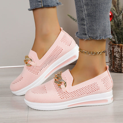2024 spring and summer new foreign trade plus size women's shoes flying woven mesh surface hollow breathable shoes metal chain wedge casual shoes