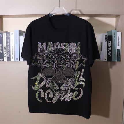 26 New Rhinestone Letter Leopard Head Personalized Cool Street Style Loose Unisex Short-Sleeve T-Shirt Plus Size Stylish