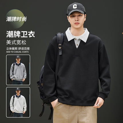 2025 Fake Two-Piece Sweatshirt Men's Trendy Autumn and Winter Loose Pullover Long-Sleeved Tops Men's T-Shirt Bottoming Shirt