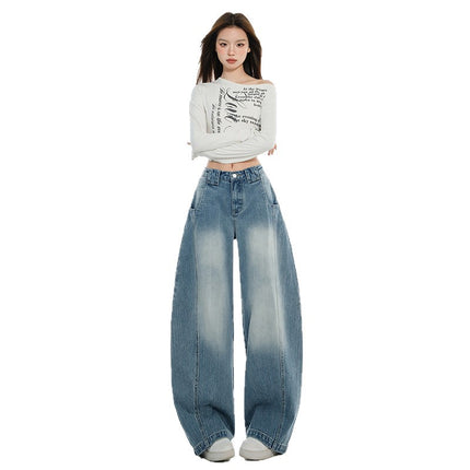 American Scimitar Jeans for Women, Autumn New Design, Retro Loose Slimming Lazy Style Floor-Length Wide-Leg Pants