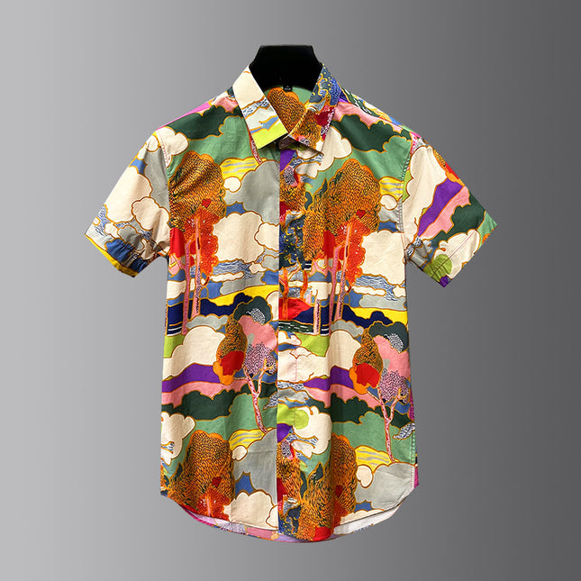 Light Luxury Handsome Men's Clothing Men's Trendy Versatile Shirts Digital Printing Men's Short-Sleeved Shirts Light Luxury and High-End