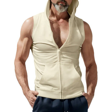 Amazon Summer Foreign Trade Men's Hooded Cardigan Zipper Sweatshirt Sleeveless Casual Vest Sports Jacket Men