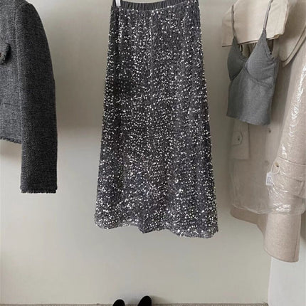 plus size French Style Retro Pearlescent Glittering Sequin Skirt Women's Spring and Autumn Draping Hip A- Line Long Skirt chubby girl Skirt
