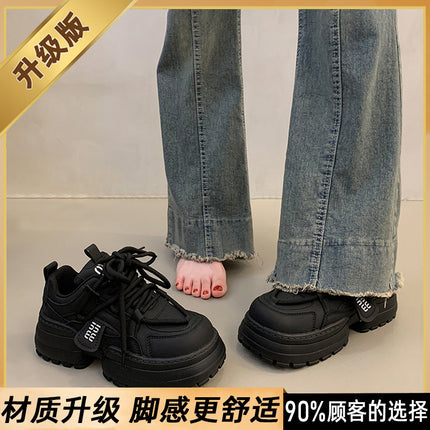Women's Shoes 2025 New Spring Black Sneakers Versatile Casual Sneakers Thick-Soled Height-Increasing Dad Shoes to Match Skirts