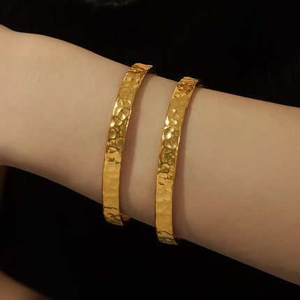 Casual Style Personalized Geometric Jewelry Niche Hammered Texture Design Titanium Steel Gold-Plated Open Bracelet Titanium Steel Bracelet