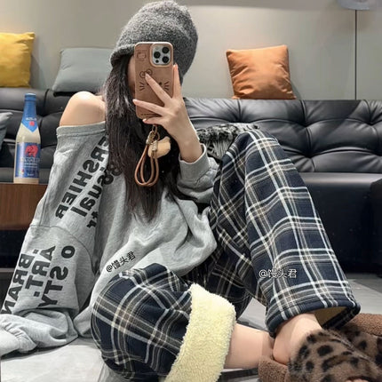 [Add fertilizer to increase] winter fleece-lined thick lambswool plat pants women's high waist warm casual pants