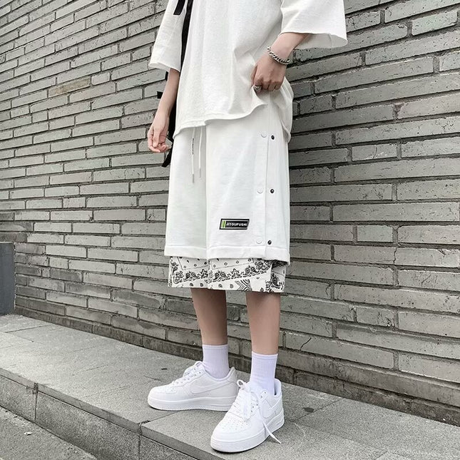 Fake Two-Piece Over-the-Knee Hong Kong-Style Shorts Men's Season Thin Loose Fashionable Summer Cashew Flower Stitching Breasted Casual Shorts