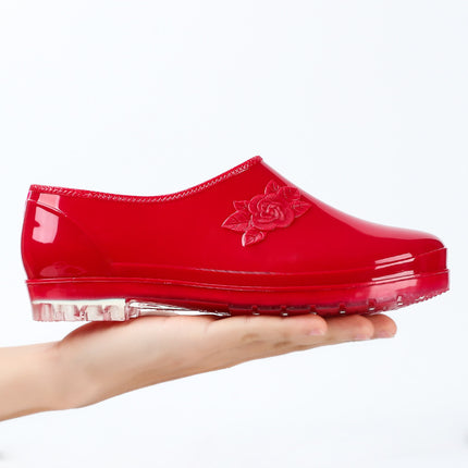 PVC Fashion Shallow Mouth Wear-resistant Kitchen Women's Water Shoes Non-slip Yuanbao Low-side Car Wash Labor Protection Red Rain Boots