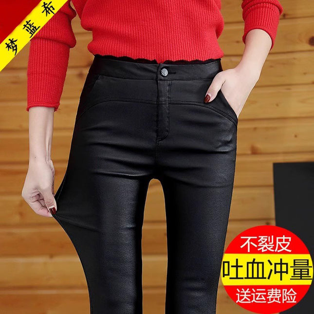 Women's Leather Pants 2025 New High-Waisted Autumn Popular Black Outer Lace Leggings Extra Long Matte Tight-Fitting Small Feet