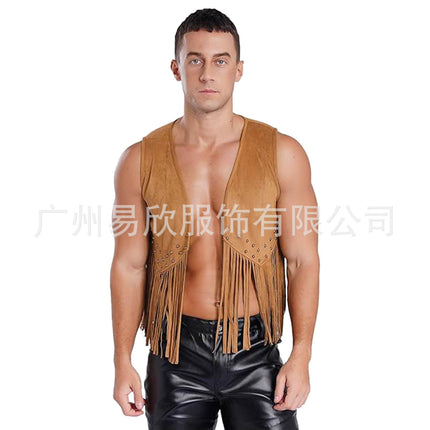 Fringed Vest Men's Imitation Suede Front Open Vintage Vest Sleeveless 70 s Bohemian West Jacket