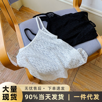 Simple All-match Seersucker Korean Style Sling Lace Hollow Sling Vest Women's Outer Wearing Comfortable Breathable Vest for Women