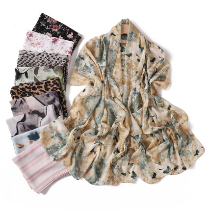 New foreign trade ink printing pearl chiffon scarf breathable soft leopard print floral wrap long towel 258-267