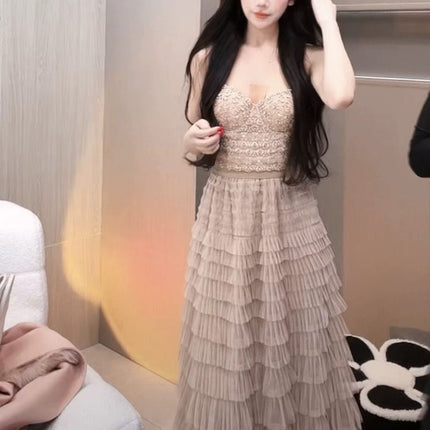 Socialite Sexy bling Lace Tube Top Beaded Sling Short Off-the-Waist Vest Tousled Long Skirt Cake Skirt suit