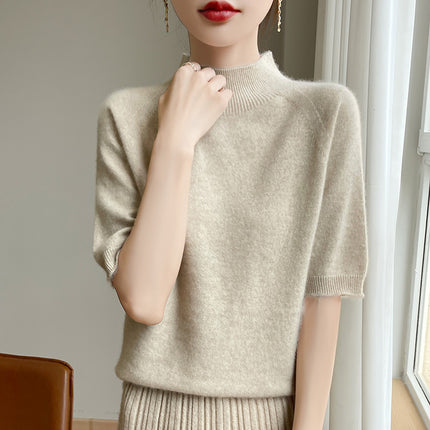 New Autumn and Winter Ready-To-Wear Half-High Collar Loose Short Solid Color Inner Vest Knitwear Short-Sleeve Half-Sleeve Top