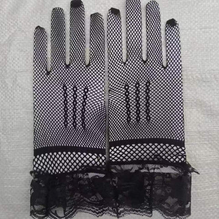 Full Finger Fishnet Eye Bride Wedding Dress Stage Women's Sexy Black Stretch Lace Lace Gloves Cheongsam Dancing Bow