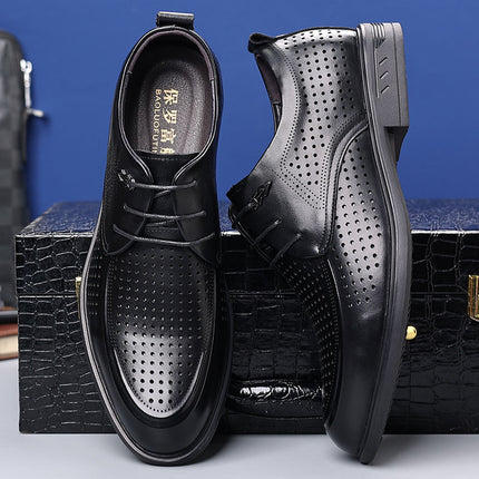 Leather Shoes Men's Dress Business Casual Leather Soft Sole Summer Hollow Breathable Thick Black Wedding Groom Shoes Men's Shoes
