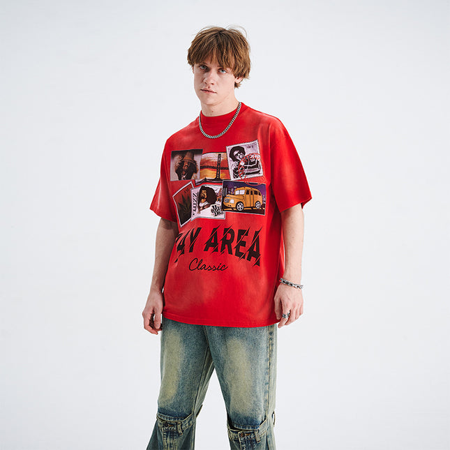 LawFoo National Tide American Street Spray Paint Washing Water Direct Spray Printing Shoulder Loosen Version Couple Tide T-Shirt