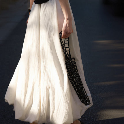 Spring 2025 new high-gloss time elastic waist flesh-covered lantern bud skirt A- line all-match tutu skirt