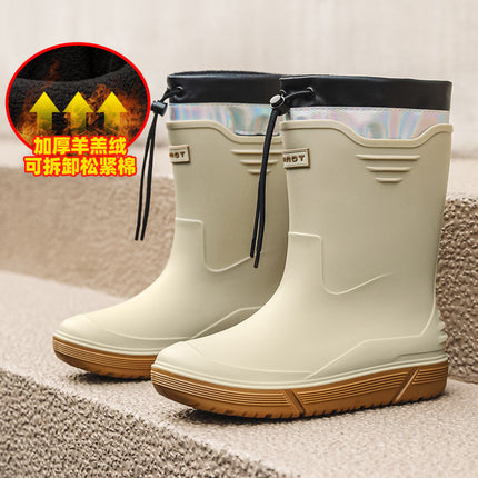 Men's Waterproof Rain Boots with Cuffs, Fishing Water Shoes, Fleece-Lined, Non-Slip Kitchen Work Rubber Shoes, Comfortable Soft-Soled Rain Boots