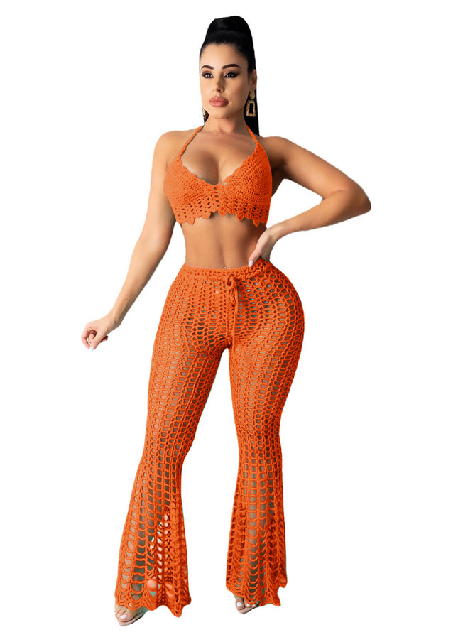AJ4362 European and American Women's Wear Hollow Perspective Two-piece Set Beach Style Grid Pure Handmade Hook Sexy Fashion Suit