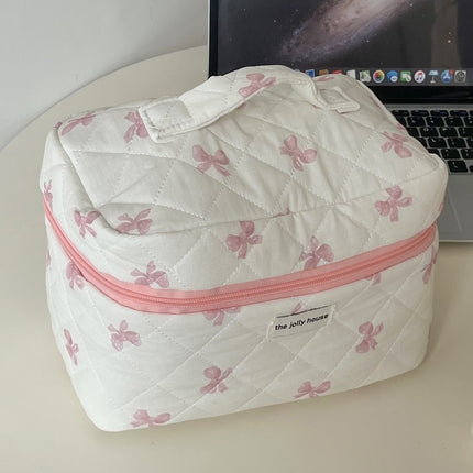 Blue Powder Satin Bow Makeup Bag Wash Bag Student Pink Sweet Portable Large Capacity Quilted Storage Bag