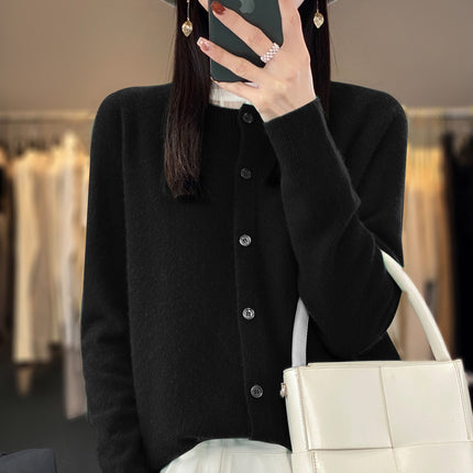 Round neck first-line clothing pure wool sweater cardigan coat women's osmanthus needle knitted bottoming shirt long sleeve solid color top