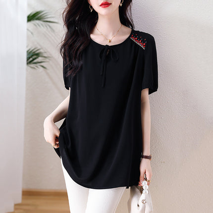 Plus-Size Women's Fashionable Embroidered Chiffon T-Shirt for Chubby Moms, Stylish and Concealing Belly Fat, Eye-Catching Top