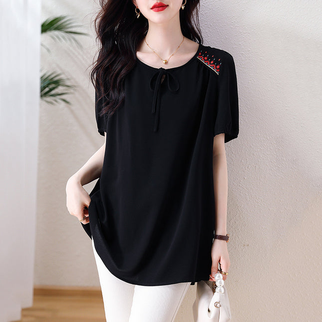 Plus-Size Women's Fashionable Embroidered Chiffon T-Shirt for Chubby Moms, Stylish and Concealing Belly Fat, Eye-Catching Top