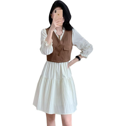 Real Shot of French-Style Elegant Fashion Suit Dress for Women, 2026 Autumn New Model, Vest and Chiffon Dress Two-Piece Set