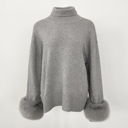 Women's Sweater Amazon Aliexpress Hot-Selling Autumn and Winter New Style Real Fox Fur Cuffs Loose High-Neck Knit Sweater for Women