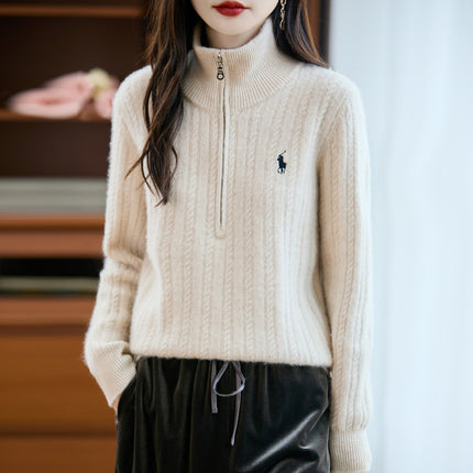 Autumn and Winter New Women's 100% Pure Wool Sweater Thickened Half-Zip Collar Cable Embroidered Horse Knit Sweater Base Layer