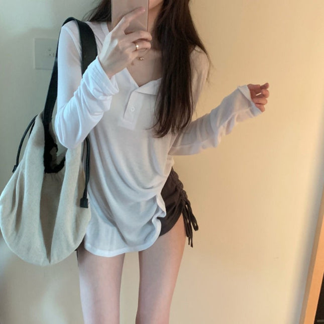 Pure Desire Style Long-sleeved Sunscreen Shirt Summer New Loose V-neck Thin Top Casual Sports Shorts Two-piece Suit for Women